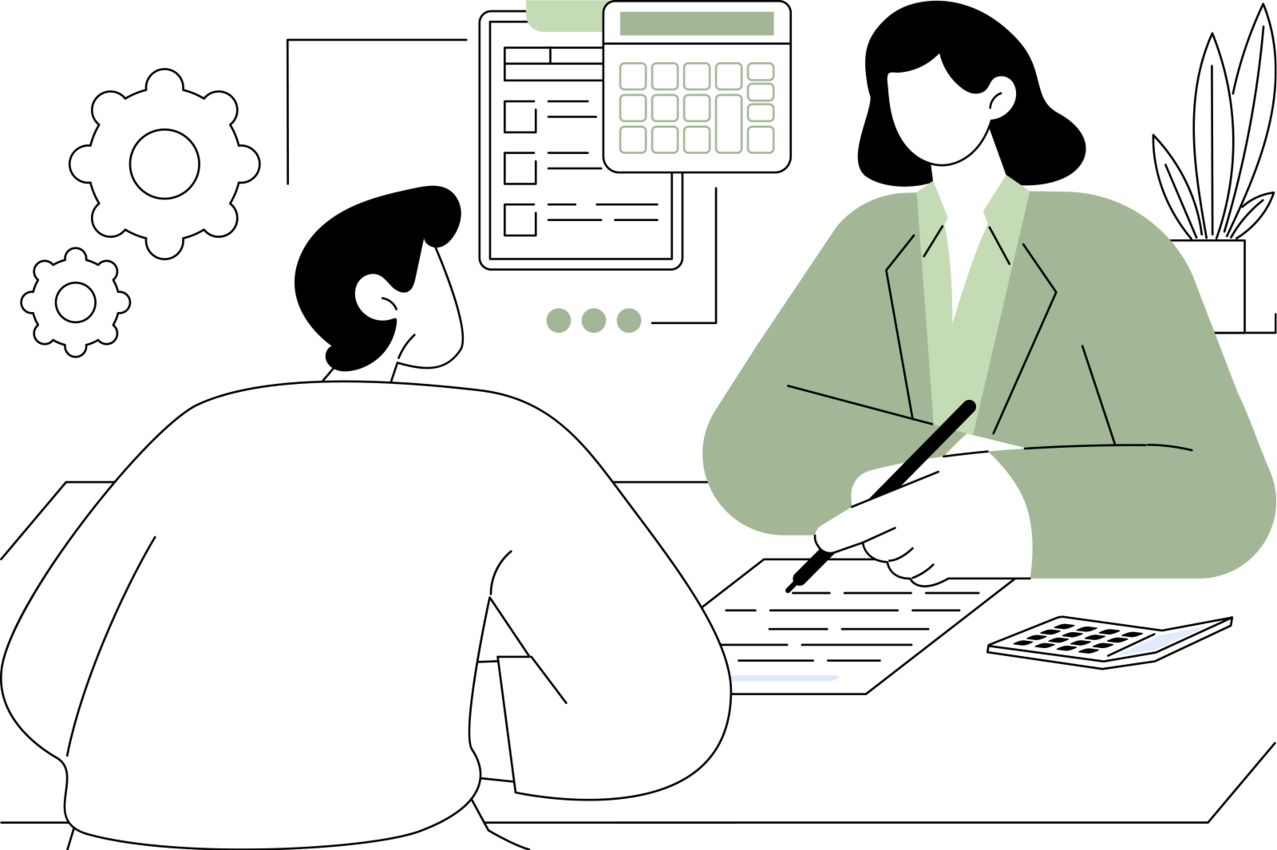 Illustration: Frau berät Mann, in Hintergrund ist ein großer Taschenrechner und Klemmbrett