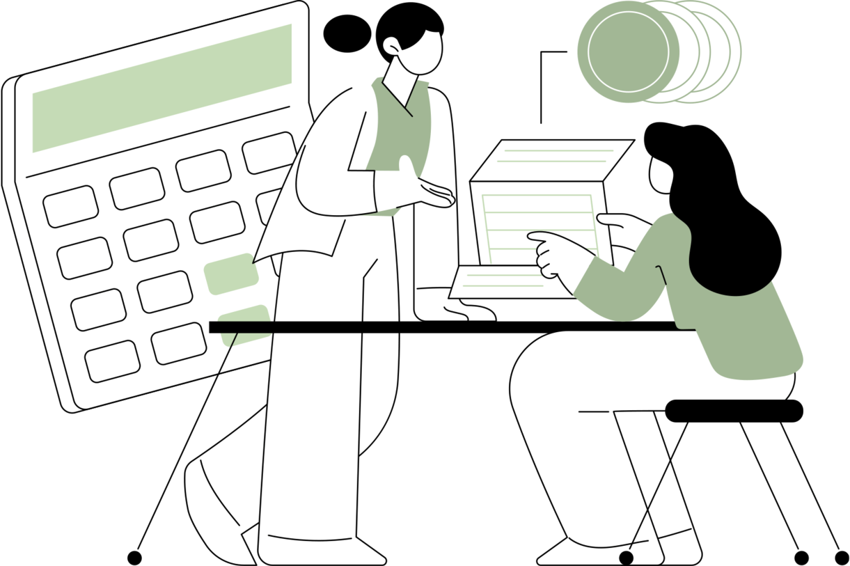 Illustration: 2 Frauen an einem Schreibtisch in einer Beratungssituation, hinter ihnen ein vergrößerter Taschenrechner