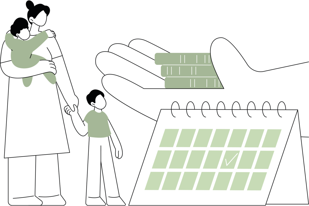 Illustration: Frau mit Kleinkind auf dem Arm und Kind an der Hand steht neben einem Kalender. Eine ausgestreckte Hand hält 3 Münzen